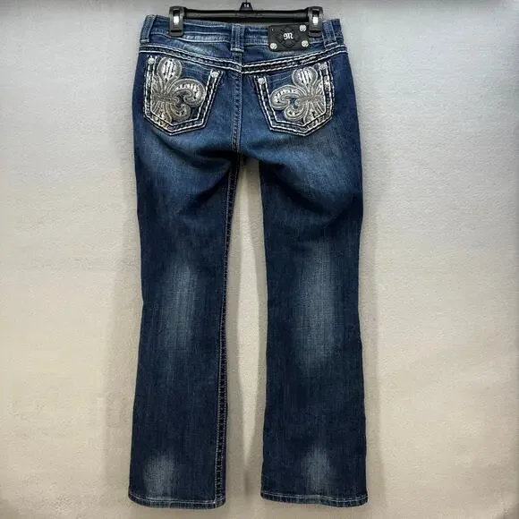 Miss Me Jeans Women's 27x31 (4) Blue Easy Boot Embellished Fleur de Lis Blingy - Picture 2 of 15